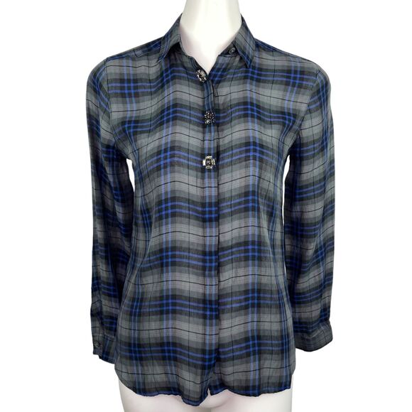 Ann Taylor Loft Plaid Gingham Blue Grey Rhinestone Button Down Shirt Petites XSP - Picture 2 of 10